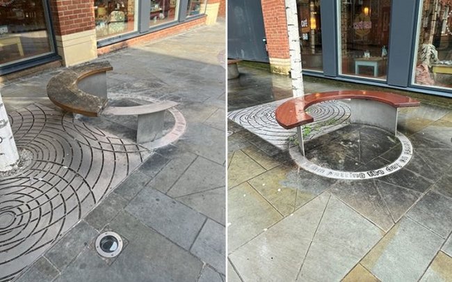 Two images of a town centre bench comparing the bench before and after improvements