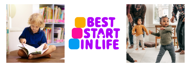 Three images; first small blonde haired white by in a navy blue top sitting cross-legged reading; middle Best Start in Life Logo;  a young black female toddler with others behind her with parents/carers having fun moving by dancing