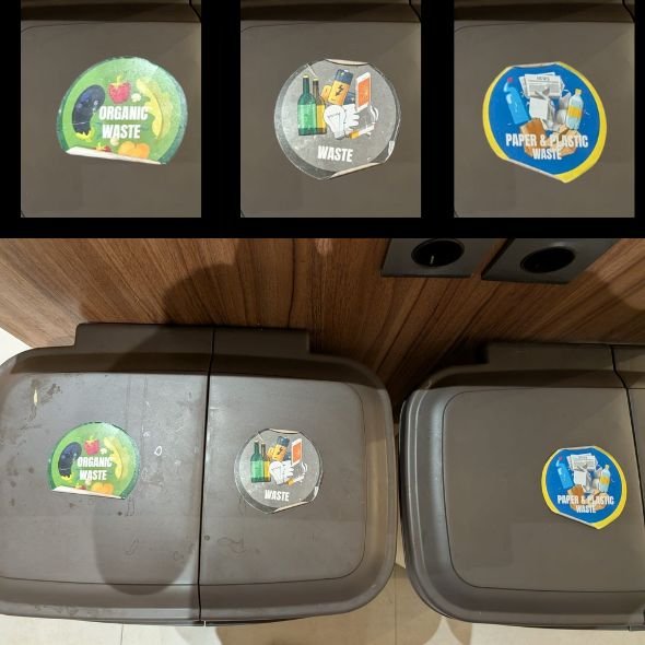 Three bins labelled organic waste, waste and paper & plastic waste