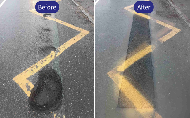 A comparison "before and after" photograph of completed carriageway works on Cock Lane, High Wycombe.