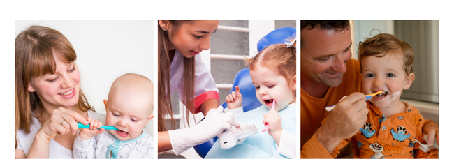 Three images mum helping a baby to brush teeth, toddler at the dentist, dad helping a toddler to brush his teeth.