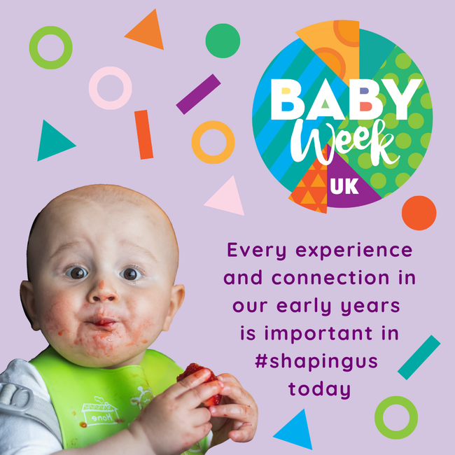 Bucks Baby week logo with child eating with a green bib on with red strawberry all over his face