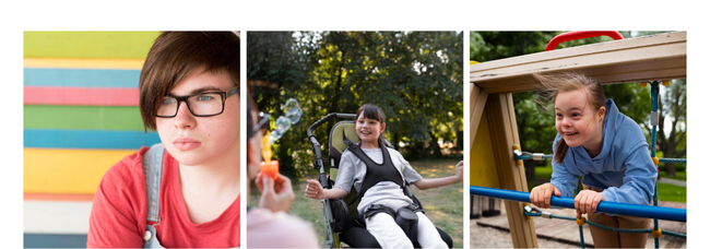 Three images depicting young girl with short brown hair and glasses, young female in a wheel chair in a park with parent blowing bubbles, young down syndrome girl in a wooden playground frame