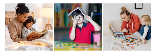 Three images of a child reading in bed with a parent, a child looking through a magnifying glass holding a book on their head and a parent and child learning with cardboard cut outs.