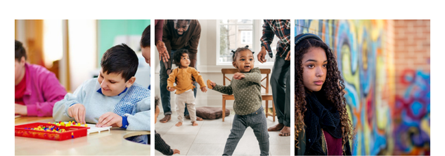 Three images, SEND young sitting playing at a table, toddler dancing, and a female teenager with long curly hair and headphones leaning against a graffiti wall
