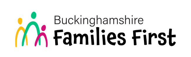 Buckinghamshire Families First Logo - wording and three people icons in different colours