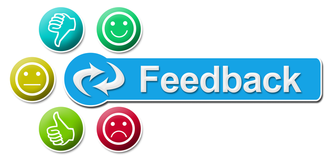 Feedback image with red, green, yellow, thumbs up and down icons around the end of an oblong in blue with feedback in words