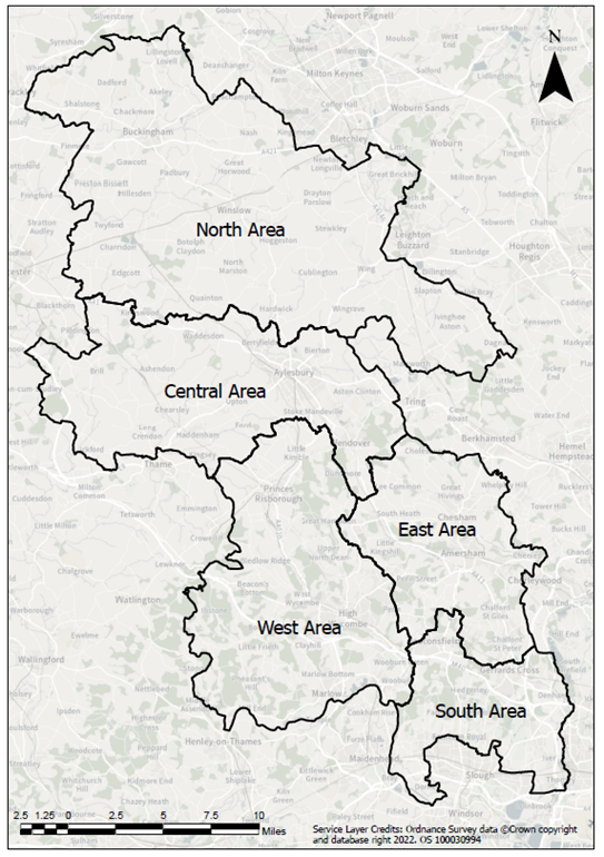 A map outlining the 5 planning committee areas