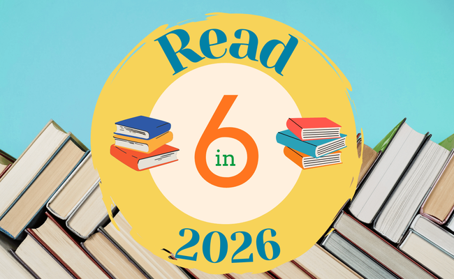 Read 6 in 2026 logo with a background of books
