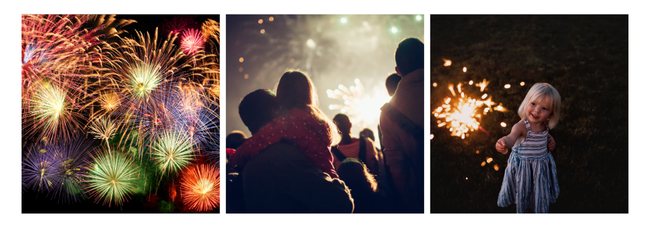 Collage of three pictures: Fireworks in night sky, child with a sparkler, family looking at a firework display