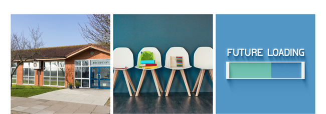 Three images, a school building, four chairs two with books on them, and a future loading scale