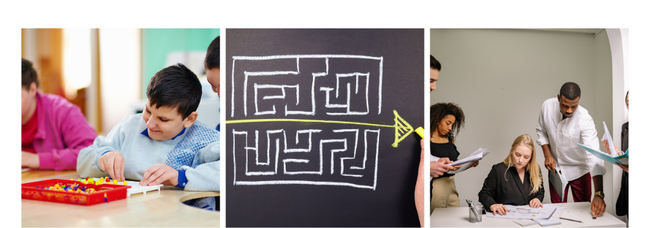 Three images: Boy at a desk playing with pin board, navigating through a maze, group of adults working together.