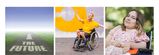 Thre images: Road with word future, young man in wheelchair with yellow t-shirt and headphones, young woman in a pink flowery dress sitting down.