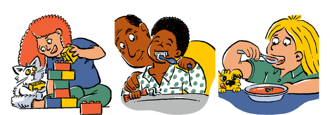 Starting reception graphic images (courtesy of the Starting Reception). Show a child playing with blocks and books, a father helping with teeth brushing, and a child eating independently.