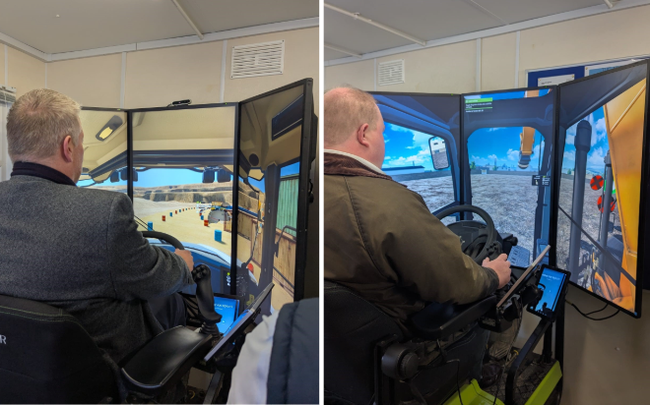 Cllr Broom and Cllr Broadbent trialling the training devices at the Operator Skills Hub, Iver