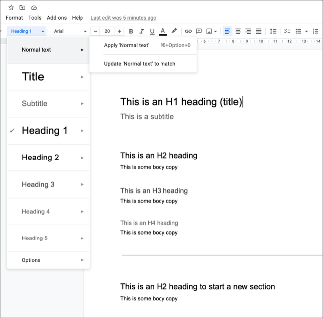 Select your heading tag from a drop down menu under 'Format' in Google Docs or Microsoft Word