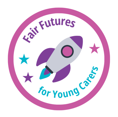 Roundel with graphic of a rocket ship in the middle, three stars, and wording Fair Futures for Young Carers