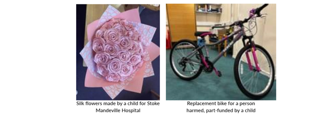 Two images - Pink Silk flowers made by a child for Stoke Mandeville Hospital and Replacement red and black bike for a person harmed,