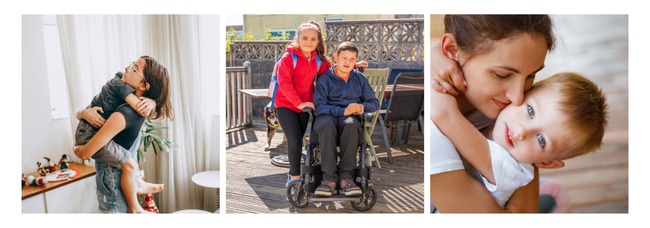 Three images, young female child hugging a sibling; young girl standing next to her SEND brother in a wheelchair; young girl with toddler hugging