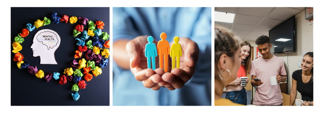 Trio of images; mental health head, hands holding cut out people in different colours, young people at a youth club chatting