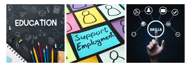 Trio of images; education written on a blackboard with coloured pencils, key board with coloured post it on a key saying support employment, and skills in a circle with different skill icons surrounding it