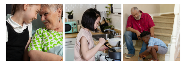 Three images, young white girl in school uniform with grandmother; young chinese girl cooking in the kitchen, young black boy helping his grandfather with his shoe laces sitting on the stairs