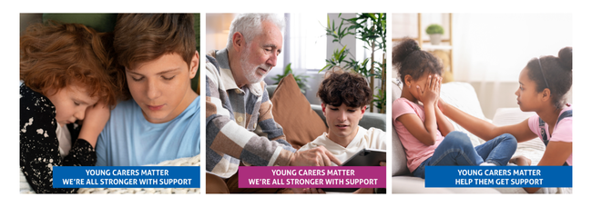 Three images, first young boy in blue t-shirt with his young female sibling lying on his shoulder; second, youg tenn maile helping his grandfather to use the iPad; third young black female comforting a younger upset female sibling