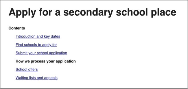 An inline index uses an H2 header with linked child page titles underneath in a list. This list appears at the top of every page in the list. The title of the selected page is highlighted.