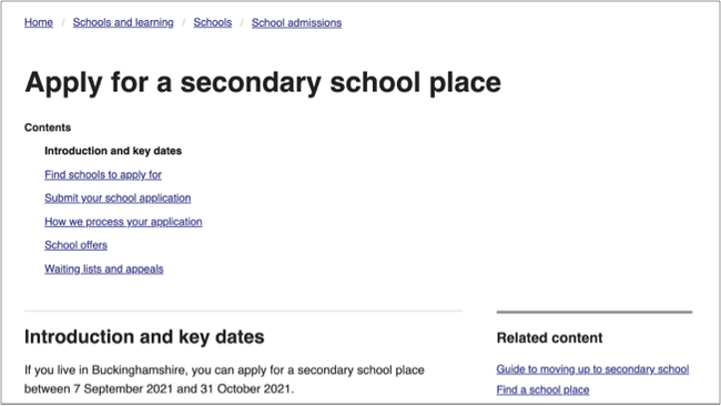 Example of an inline index page. Header text with linked content items underneath the header.