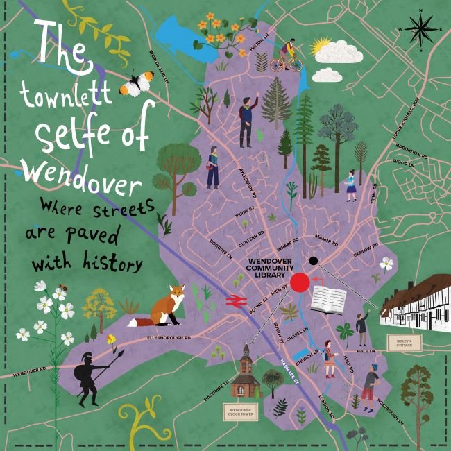 A stylized map of Wendover with wording 'The townlett self of Wendover; where streets are paved with history'
